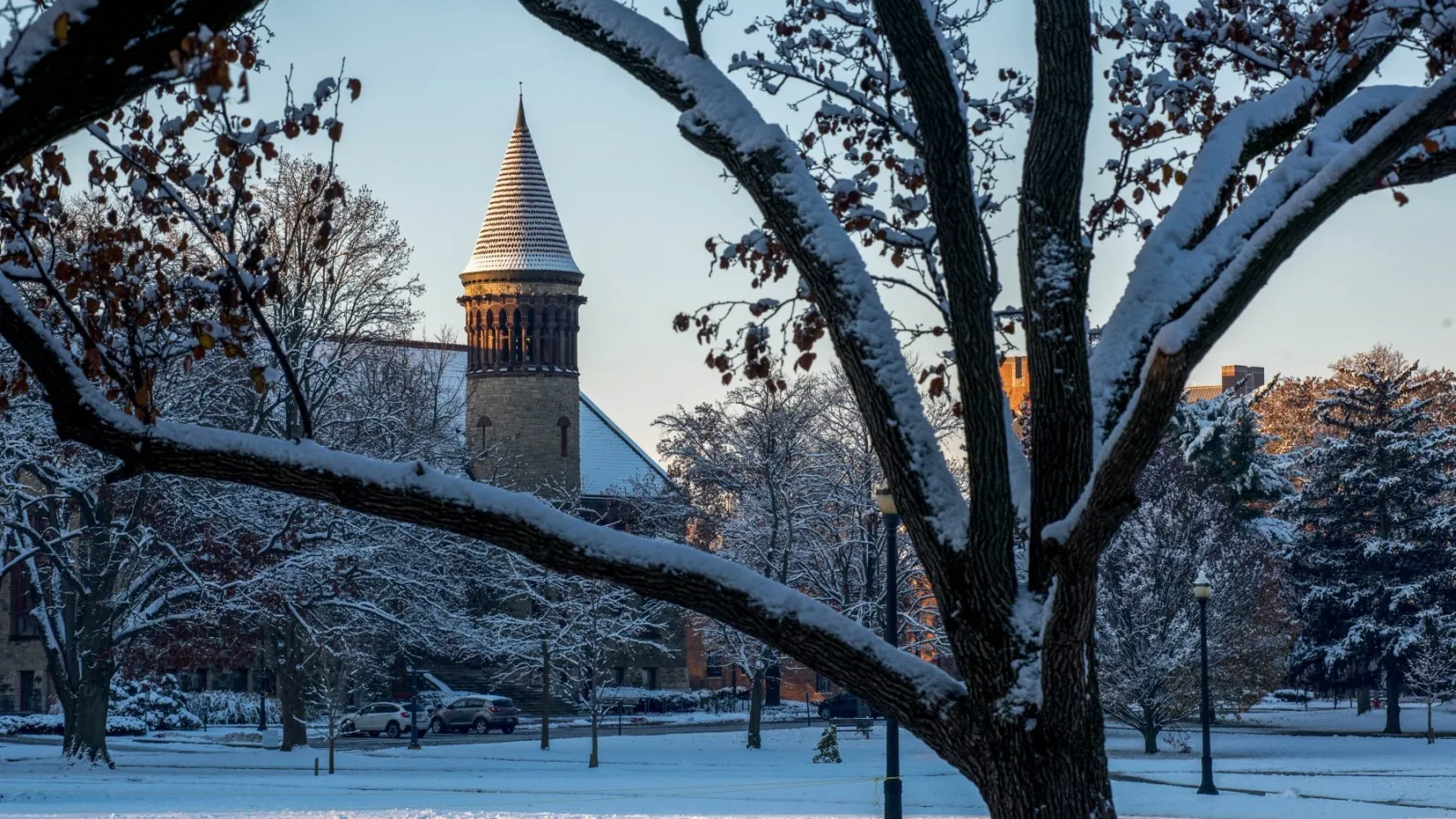 Otron Hall from a distance with snow