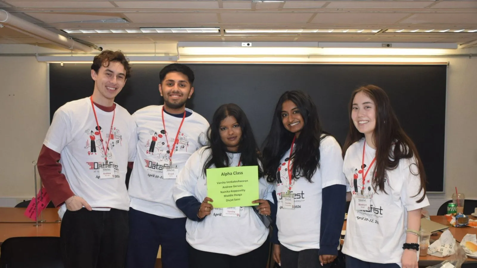 Five Students stand in a row holding their certificate from the data fest.